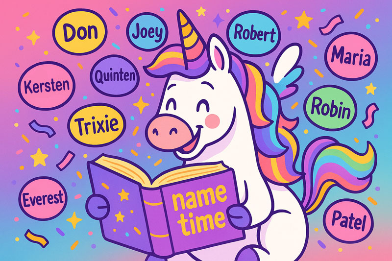 Una the Unicorn reading the Name Time book with rare and common names.